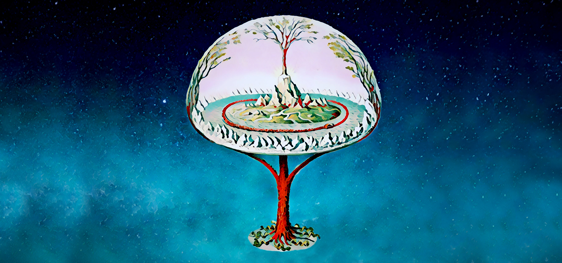 Världsträdet Yggdrasil ur fornnordisk mytologi svävandes i rymden. Illustration. 