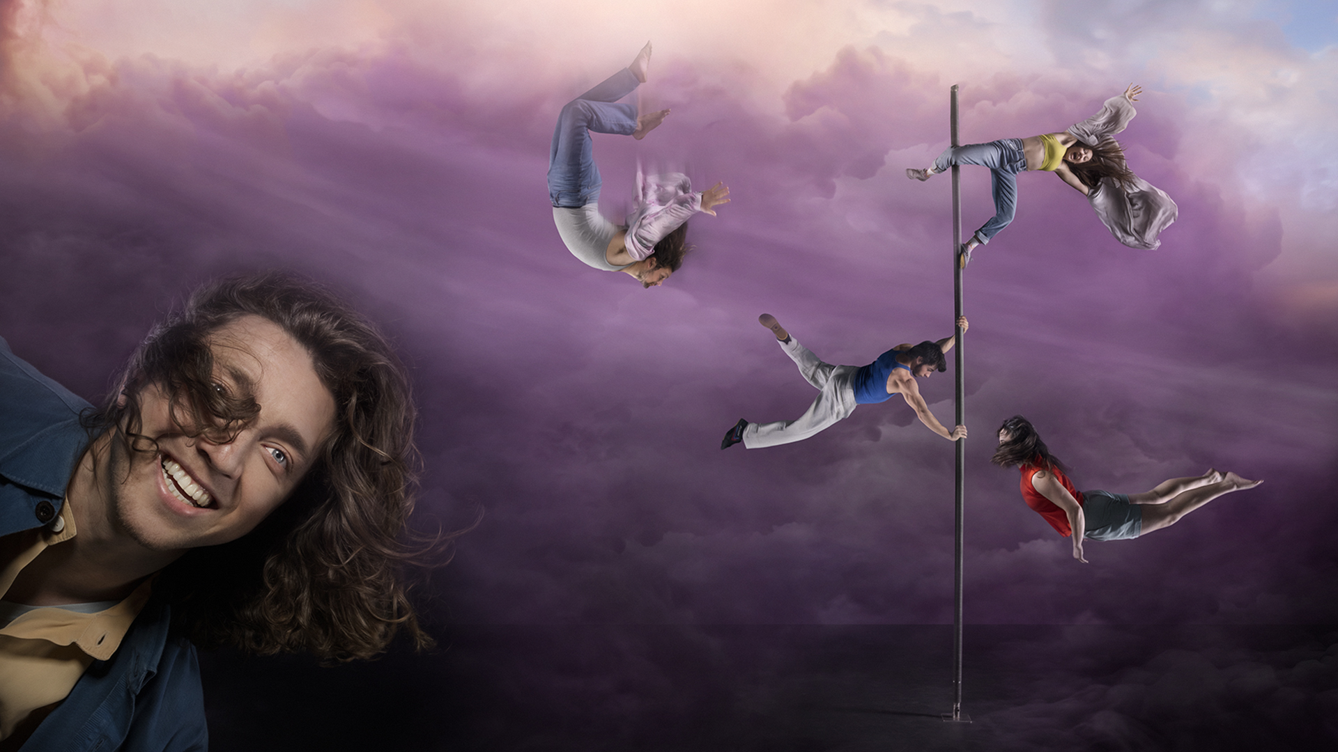 Ett montage med ett golv och en himmel i rosa, mitt i bilden finns en akrobatikpåle med två personer som sträcker sig ut. Två personer faller från himlen. I förgrunden en glad person som sticker fram i nederkant.