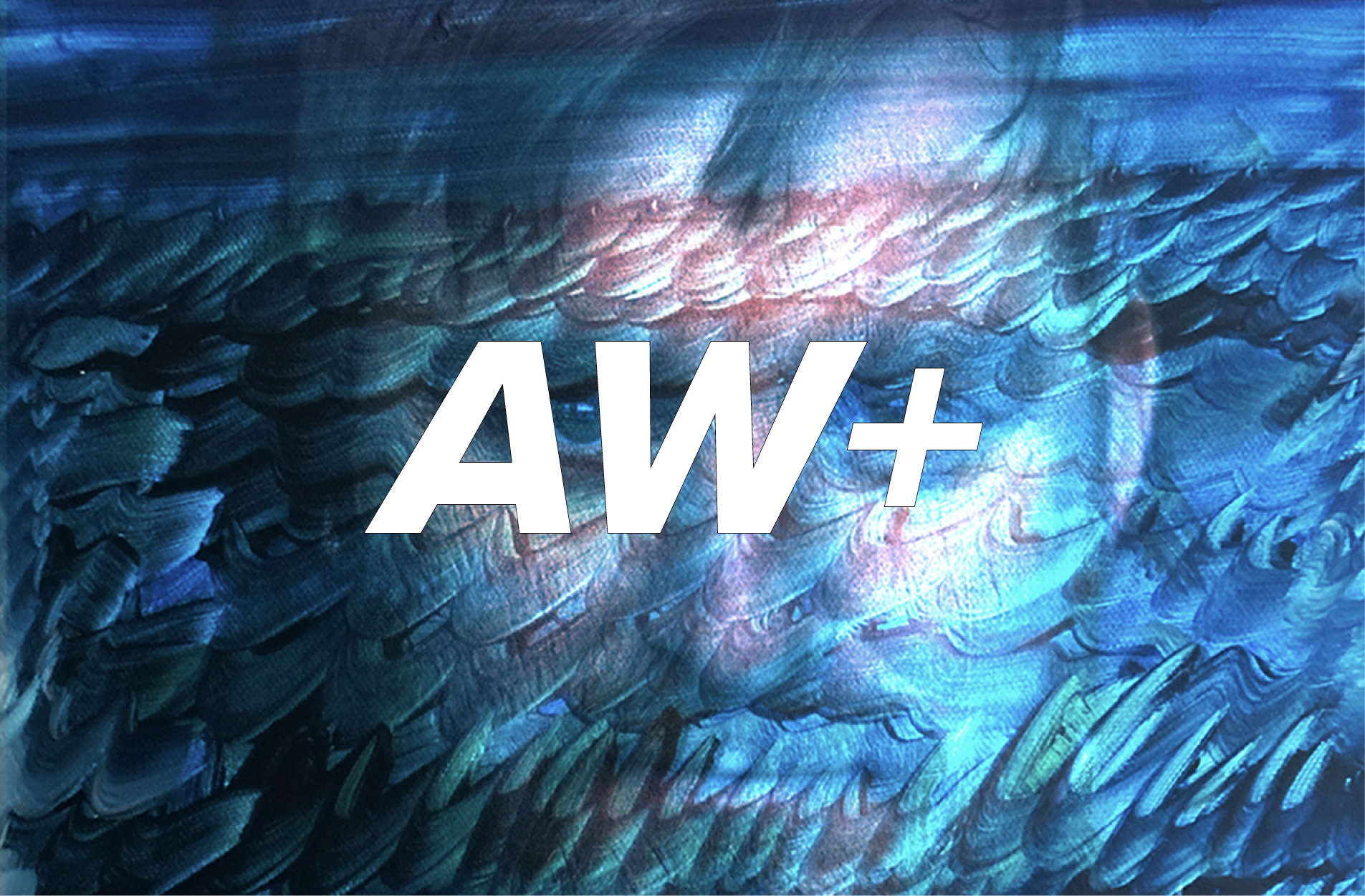 Klickbar bild AW plus föreställning. Ett montage med en blå abstrakt målning där man ser ett mänskligt ansikte bakom.  
