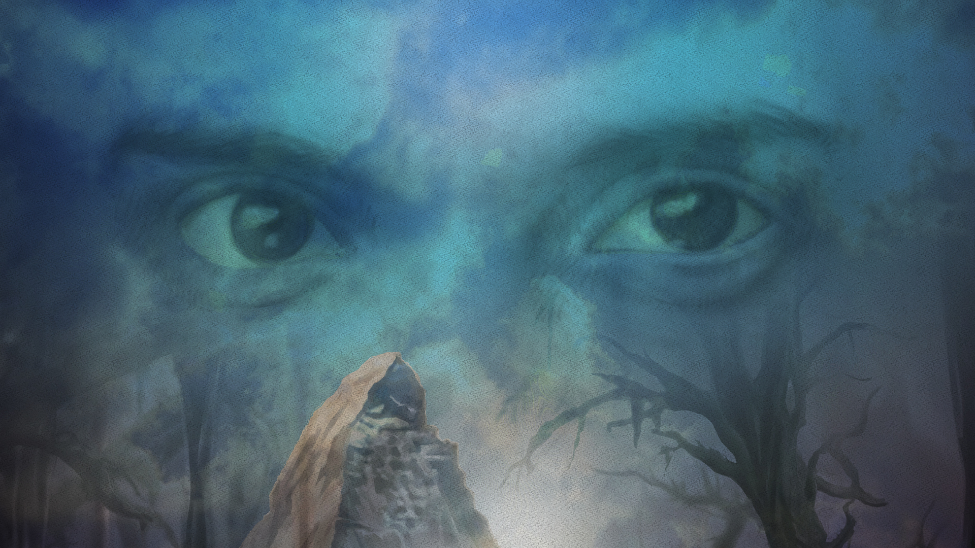 Klickbar bild Den oändliga historien. Berg och döda träd under en blå himmel med två stora ögon. Illustration.