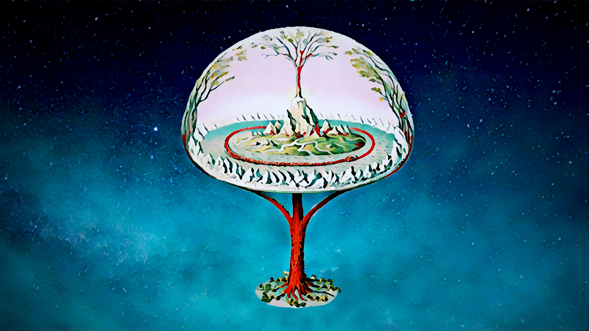 Världsträdet Yggdrasil ur fornnordisk mytologi svävandes i rymden. Illustration. 