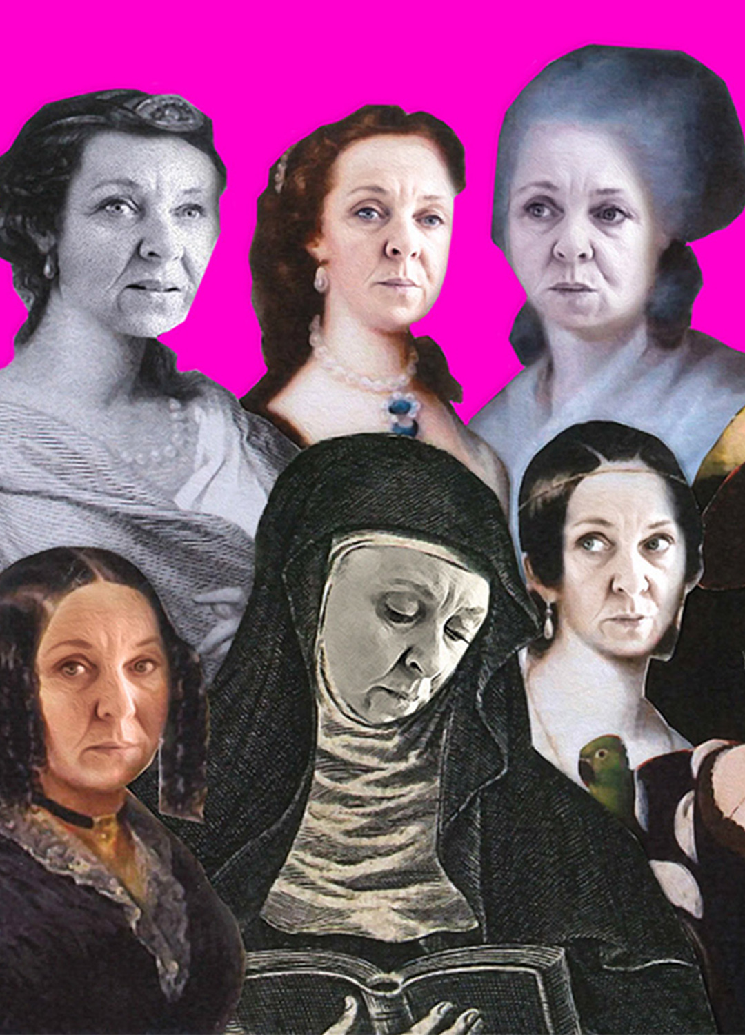 Flera porträtt av betydelsefulla historiska kvinnor i kollageform med alla ansikten utbytta mot skådespelaren Viktoria Folkessons. 