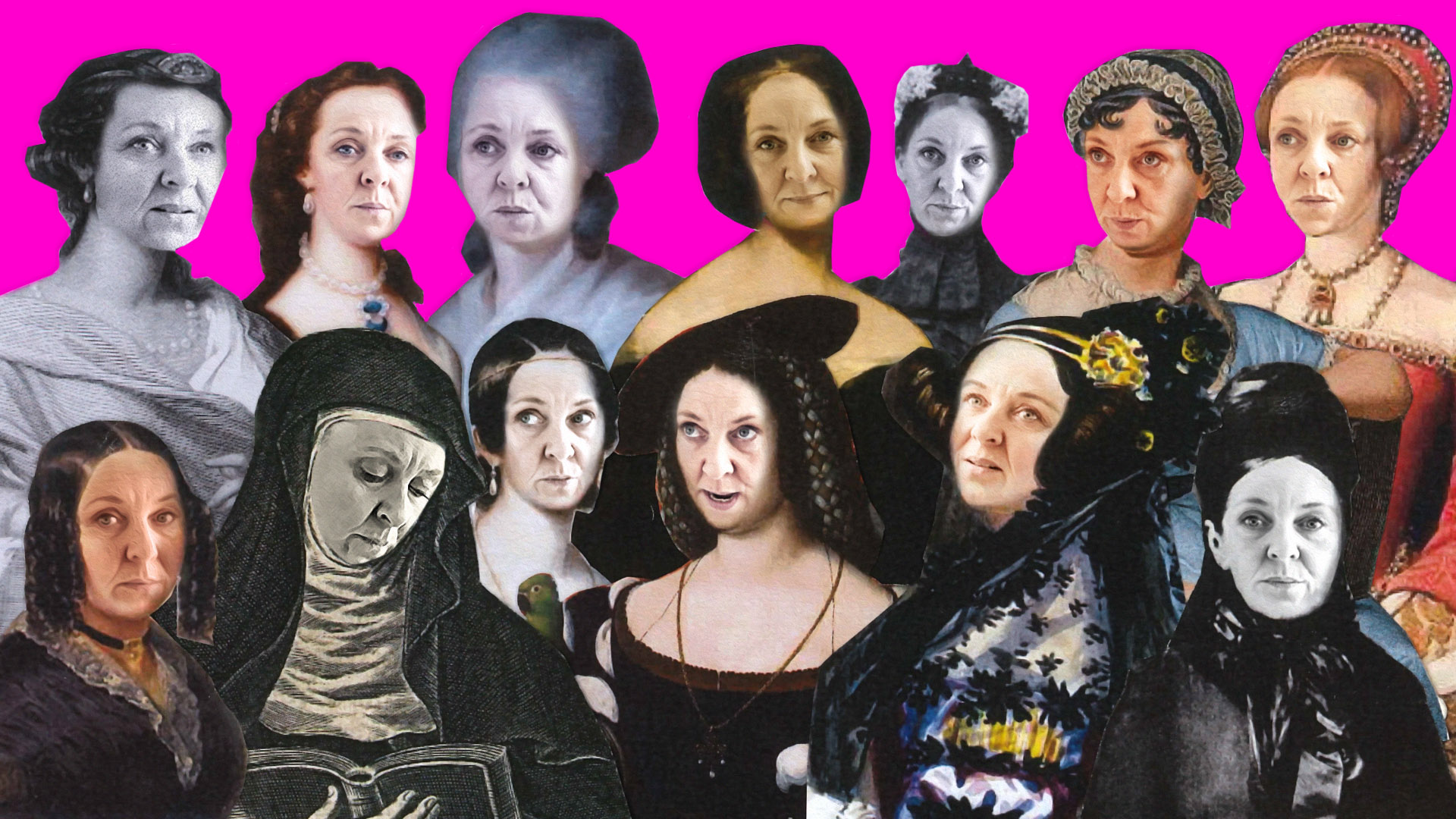 Flera porträtt av betydelsefulla historiska kvinnor i kollageform med alla ansikten utbytta mot skådespelaren Viktoria Folkessons. 